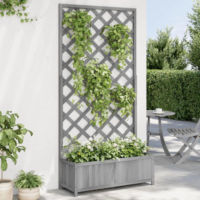 Bloemenstandaard – Plantenrek – Bloemenrek – Plantentafel – Plantenhouder – Grijs Raster – Duurzaam Vurenhout – Weerbestendig