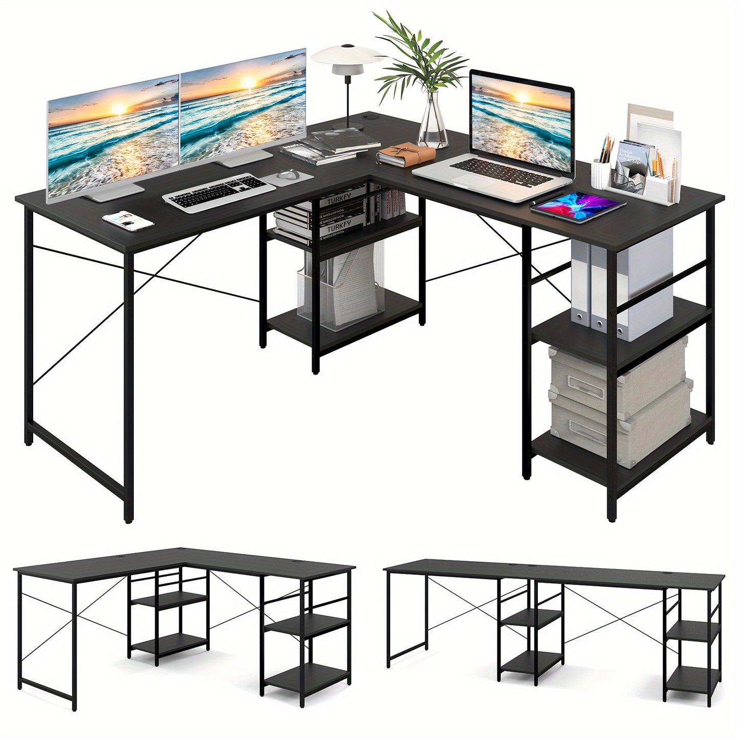 L-vormig bureau – Hoekbureau – Computerbureau – Thuiswerkplek bureau – Gaming bureau – Zwart metalen frame – 151x151 cm werkoppervlak