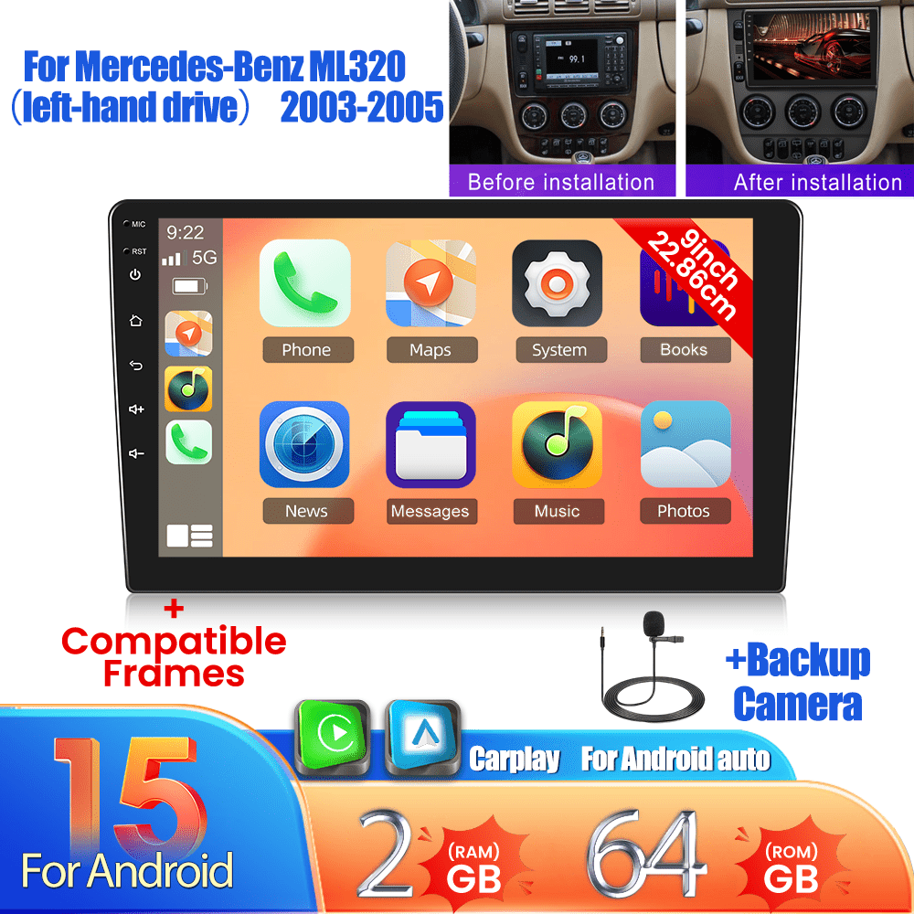 Android Car Stereo – Auto Multimedia Speler – Double Din Radio – Touchscreen Navigatie – CarPlay Android Auto – 22,86 Inch Scherm – Draadloos – Backup Camera & Microfoon