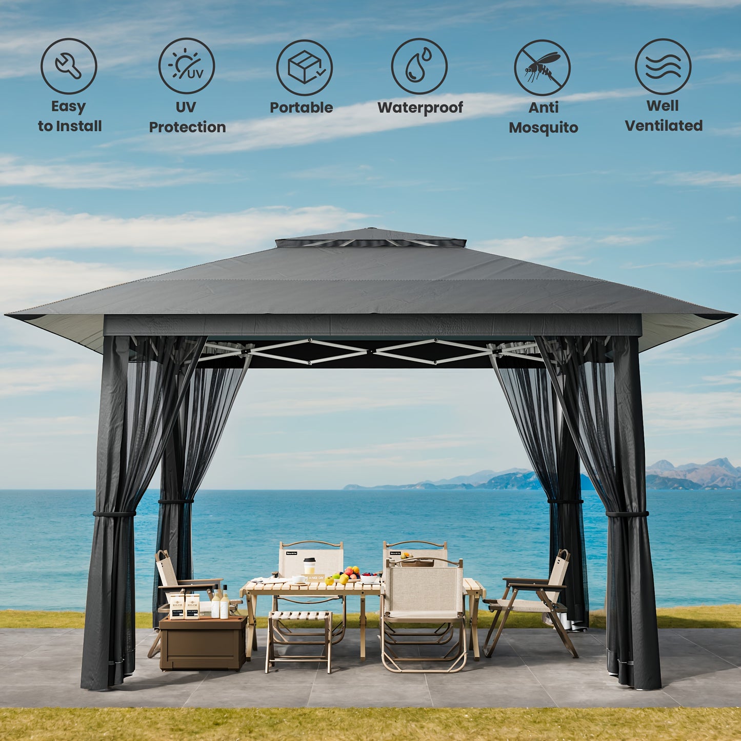 Partytent – Pop-up Tent – Paviljoen – Vouwtent – Schaduwdoek – Waterdicht – Verstelbare Hoogte – Met Muggennet – UV-Beschermend – 3,93x3,93 m – Inclusief Draagtas