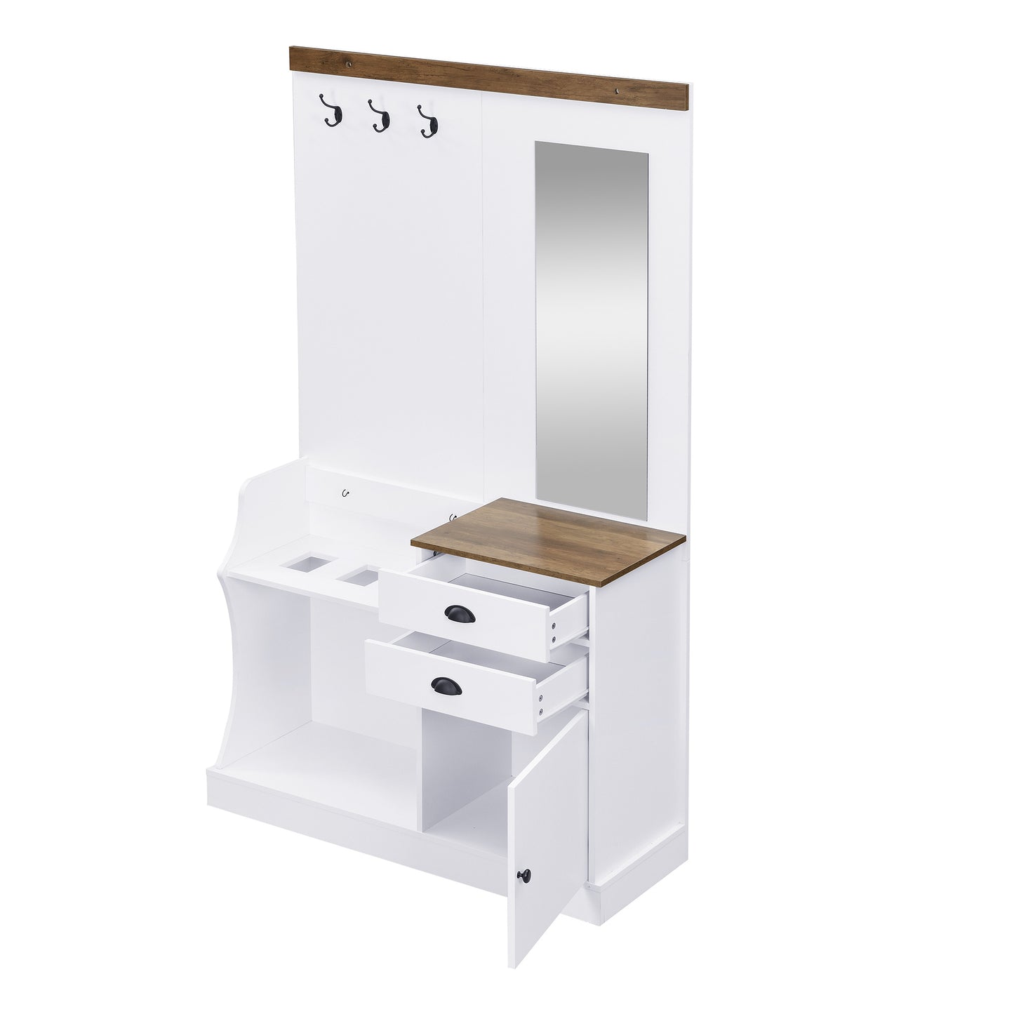 Garderobekast – Kapstok – Opbergkast – Halmeubel – Schoenenkast – Wit Houtlook – Compact Formaat – Spiegel – Lades – Parapluhouder
