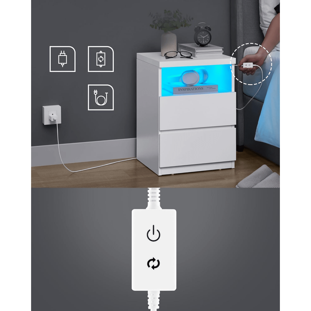 Nachtkastje – Bijzettafel – Ladekast – Bedkast – Opbergkast – Cloud White – Verstelbare LED-verlichting – Hoogwaardig MDF, Ruime lades