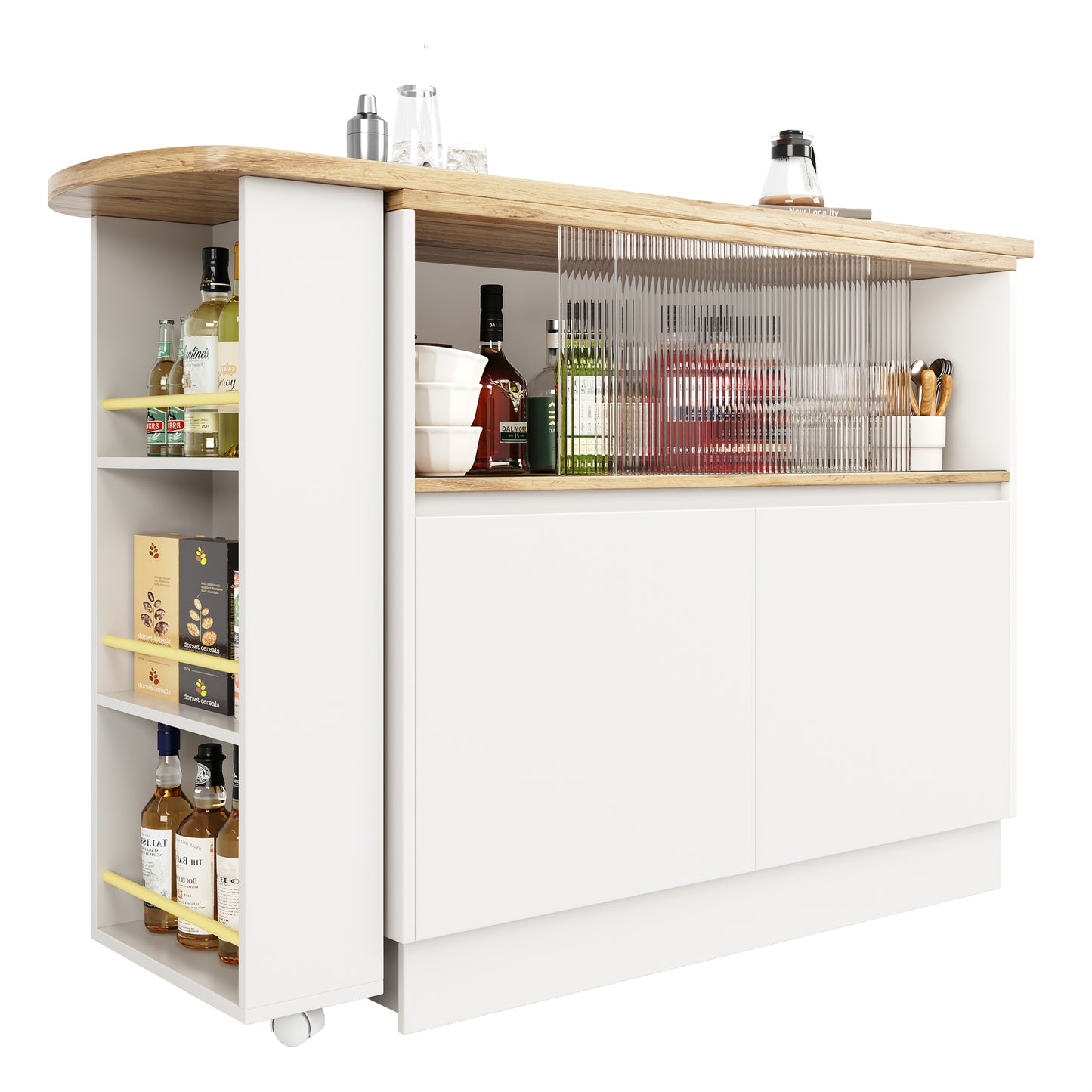 Keukeneiland – Keukentrolley – Serveerwagen – Buffetkast – Eetbar – Wit Metaal – 360° Draaibaar – Ruimtebesparend 90x45x100 cm