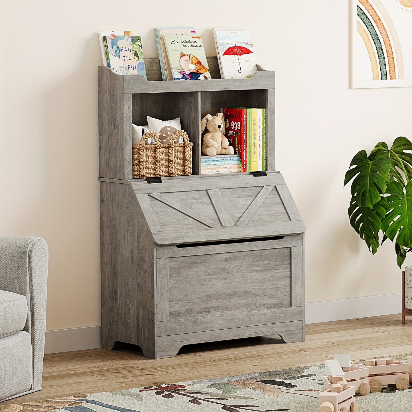 Boekenplank – Boekenrek – Wandplank – Opbergplank – Wandrek – Modern Grijs – 3 Vakken Met Flip-Top Deksel – Duurzaam MDF En Massief Hout