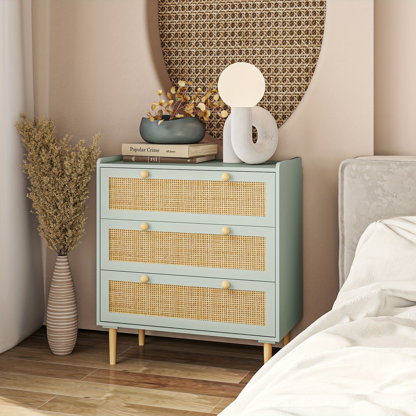 Kast Met Laden – Ladekast – Commode – Sideboard – Opbergmeubel – Rattan Effect – Lichtblauw – 3 Laden – Modern Design