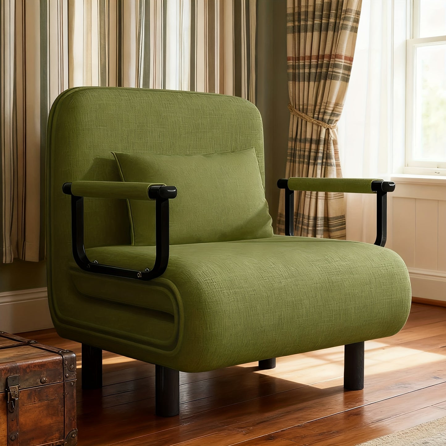 Zithoekbed – Slaapbank – Slaapstoel – Slaapfauteuil – Slaapzetel – Verstelbare Rugleuning – Comfortabele Memory Foam Kussens – Stevige Gouden Armleuningen – Grasgroen