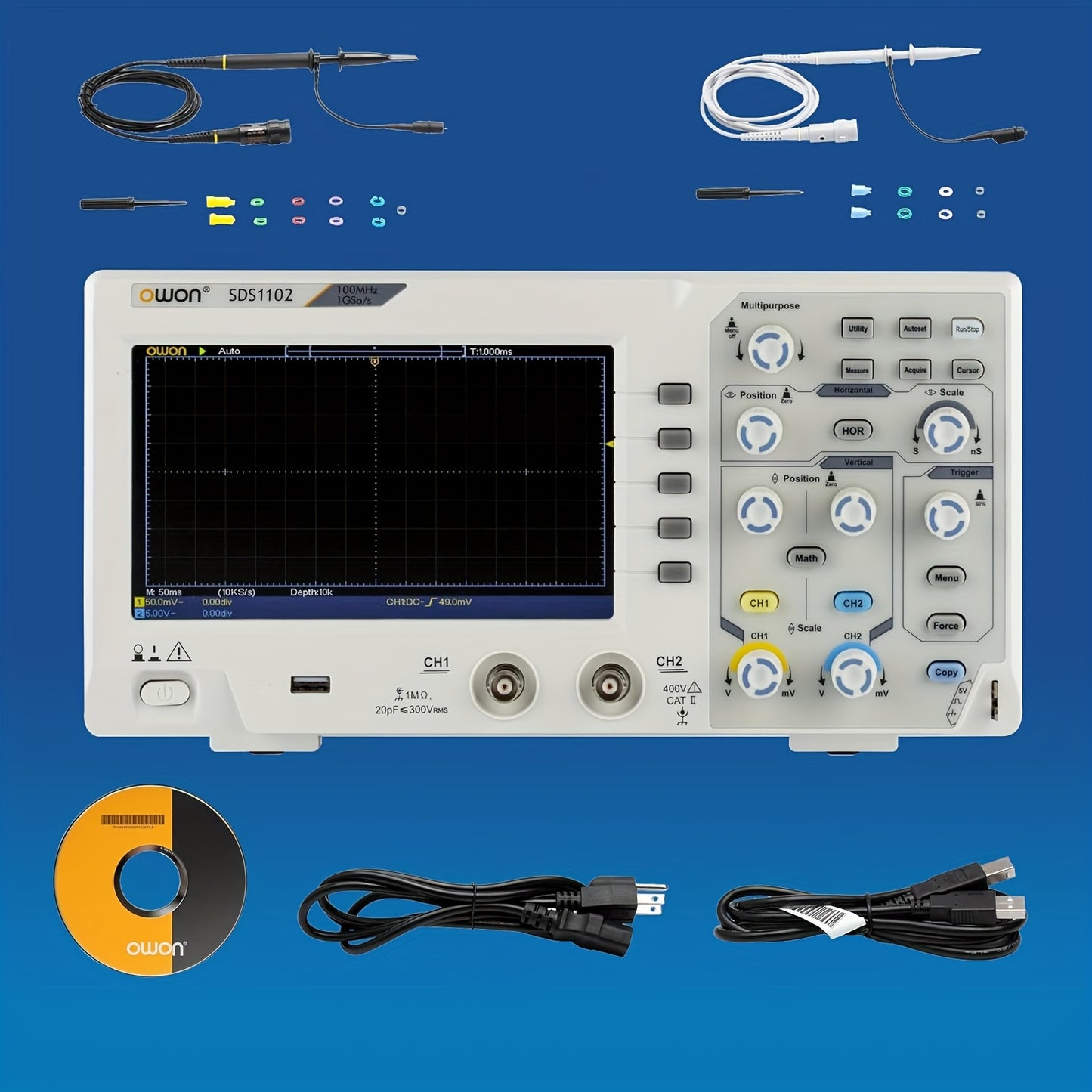 Digitale Oscilloscoop SDS1102 – Oscilloscoop – Signaal Analyzer – Meetinstrument – Elektronische Tester – 7" LCD Scherm – 100MHz Bandbreedte