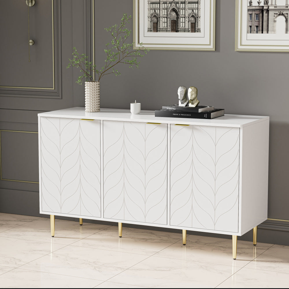 Dressoir – Ladekast – Opbergkast – Buffetkast – Kast – Modern Design – 127x45x75 cm – MDF Hout – Goudkleurige Accenten – Witte Afwerking – 6 Compartimenten – Afgeronde Hoeken