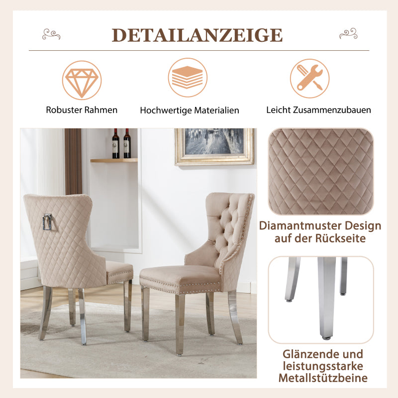 Dining room chair Kitchen chair Living room chair with unique door knocker on the back 2pcs Upholstered chair with nail head trim Support legs made of metal Cover made of beige velvet, Kitchen Seating, Vintage Style Chair, Cl
