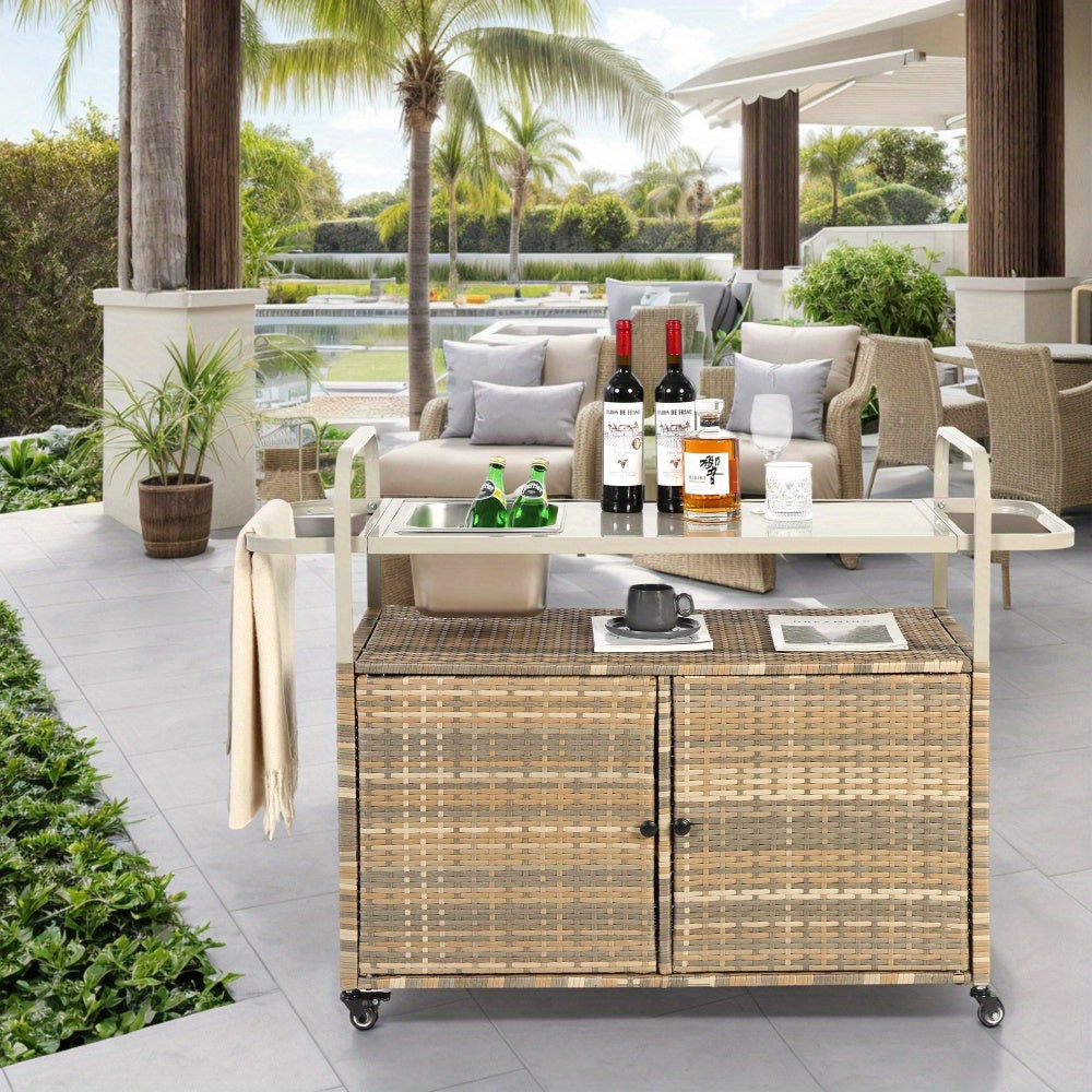Wicker Bar Trolley – Barkaart – Serveerwagen – Buitenwagen – Tuinwagen – Beige Wicker – Met Metalen Tafelblad – Voorzien Van Vergrendelbare Wieltjes