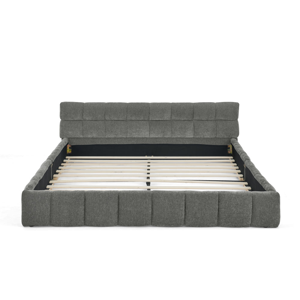 Tweepersoonsbed – Bed – Slaapbed – Bedframe – Ledikant – Beige Chenille Bekleding – 160x200 cm – Stevig Eucalyptushout en IJzeren Frame