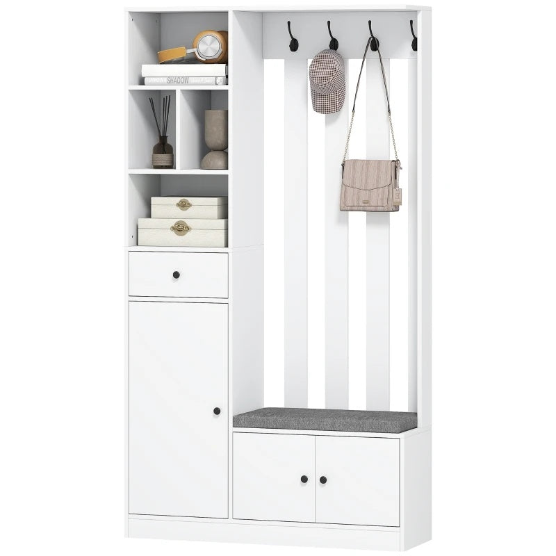 180cm Tall Entrance Hall Wardrobe Set | With Clothes Rack, Upholstered Shoe Bench, 4 Hooks, 4 Open Shelves, Shoe Rack, Chest Of Drawers, Hallway Furniture, Bench With Storage Space, White, European Style