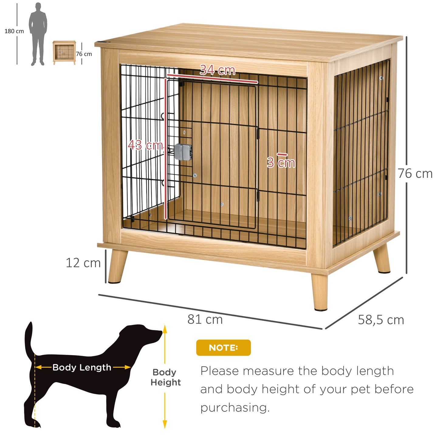 Hondenbench – Hondenhok – Transportbox – Hondenkooi – Draadkooi – Verhoogd Design – Houten Constructie – 81 x 58,5 x 76 cm