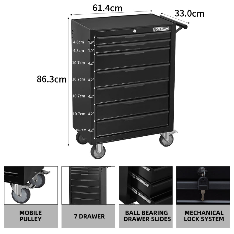 Gereedschapswagen – Werkplaatswagen – Gereedschapstrolley – Gereedschapskast – Rolwagen – 7 Afsluitbare Lades – Duurzame Metalen Constructie – Mobiel met Vergrendelbare Wielen
