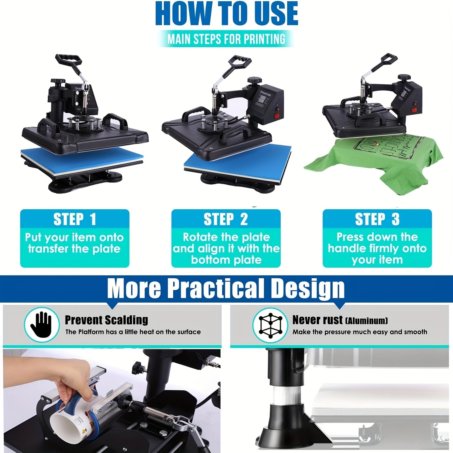 Transferpers – Hittepers – Hittepers Machine – 5-in-1 Heat Press – T-shirt Pers – Aluminium Behuizing – Digitale Temperatuurregeling