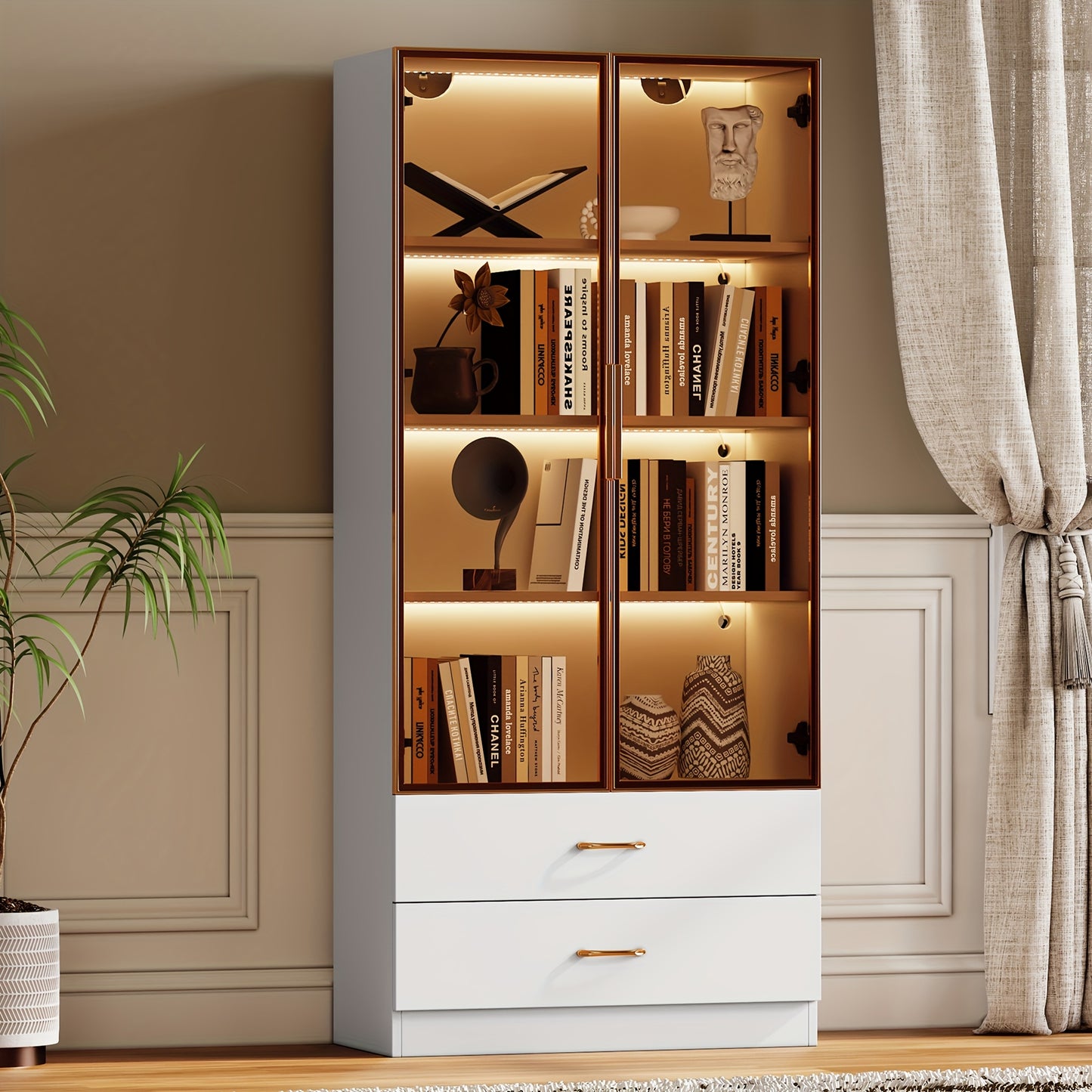 Middelgrote Vitrinekast / Display Cabinet – 75 cm Breed • 2 Grote Laden & 2 Glazen Deuren – Voor Slaapkamer, Woonkamer of Kantoor