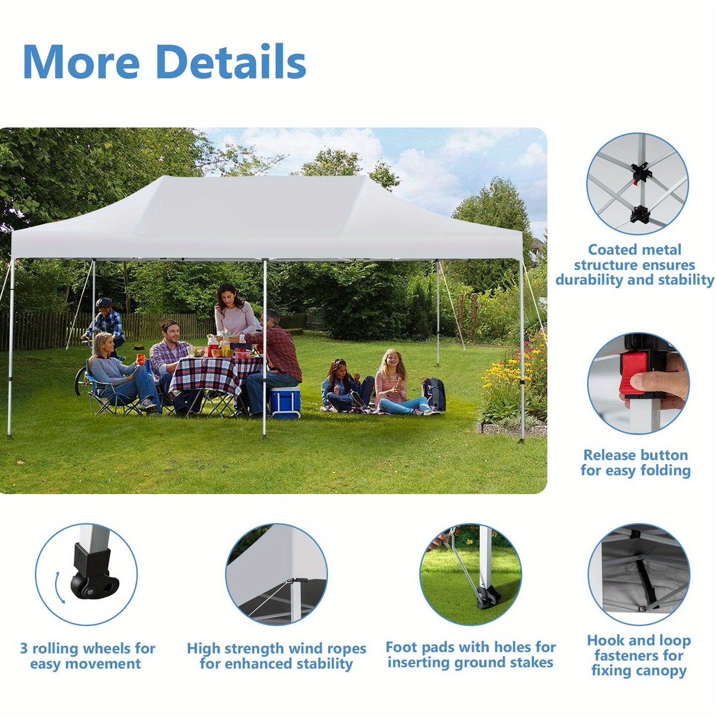 Pop-Up Partytent – Vouwtent – Evenemententent – Zonnetent – Partytent Wit – UPF 50+ Zonbescherming – Stevig Metalen Frame Met Wieltjes