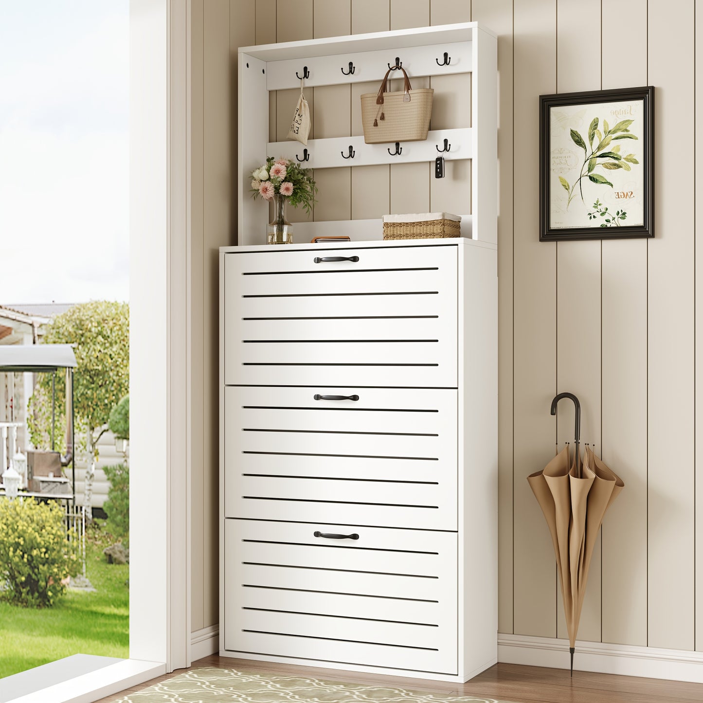 Haltafel – Sidetable – Wandtafel – Bijzettafel – Opbergkast – Wit – Verticale Ruimtebesparende Opberger – 3 Flipdeuren Met 8 Haken – 3,2+ Kubieke Voet Opbergruimte