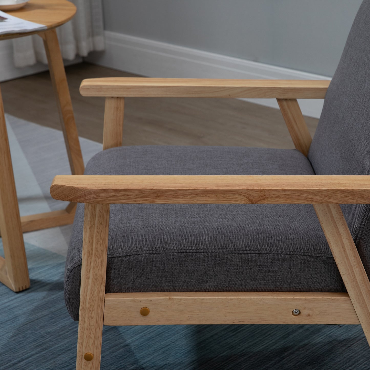 Stoel – Accentstoel – Fauteuil – Zithoekstoel – Lounge Stoel – Scandinavisch Design – Massief Houten Frame – Linnenlook Grijs – 64x70x72 cm