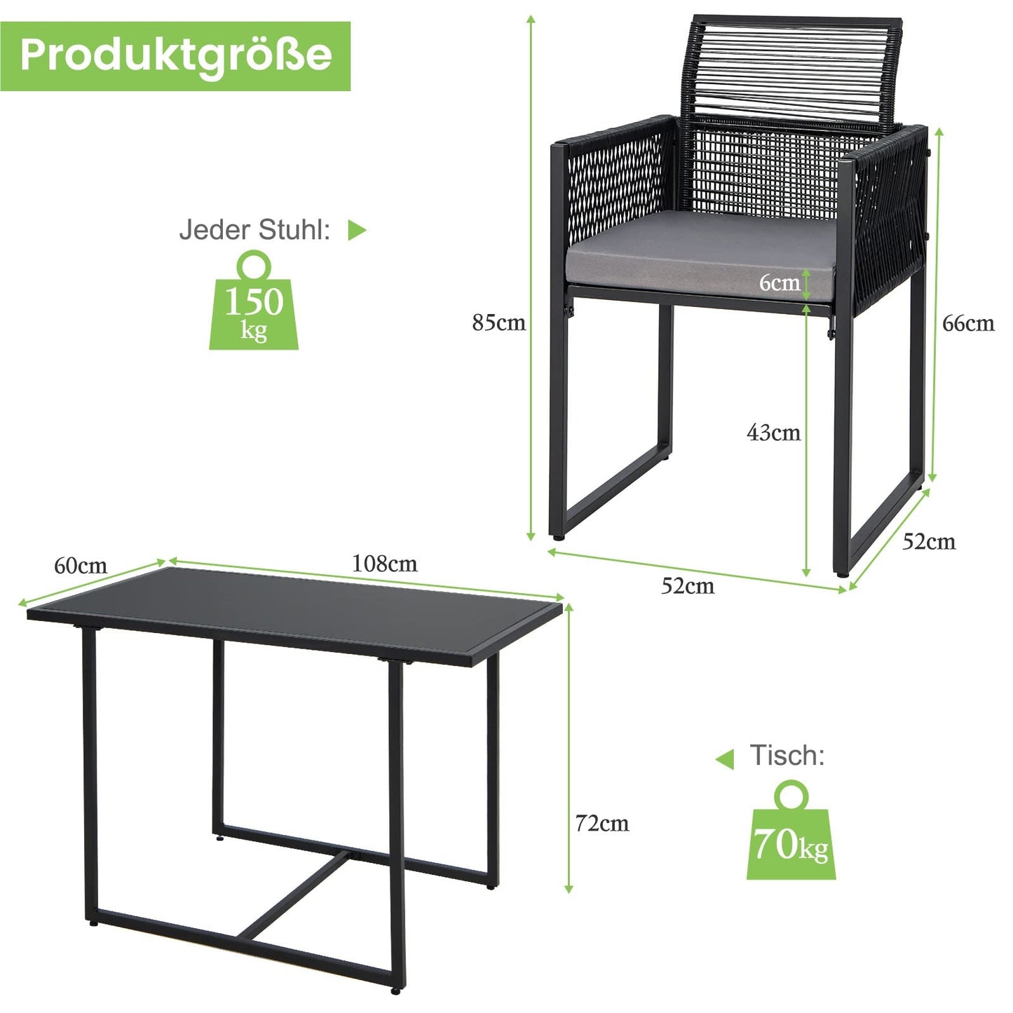3-Delige Tuinset – Tuinmeubelset – Balkonset – Bistroset – Terrasset – Space-Saving Design – Gehard Glas Tafelblad