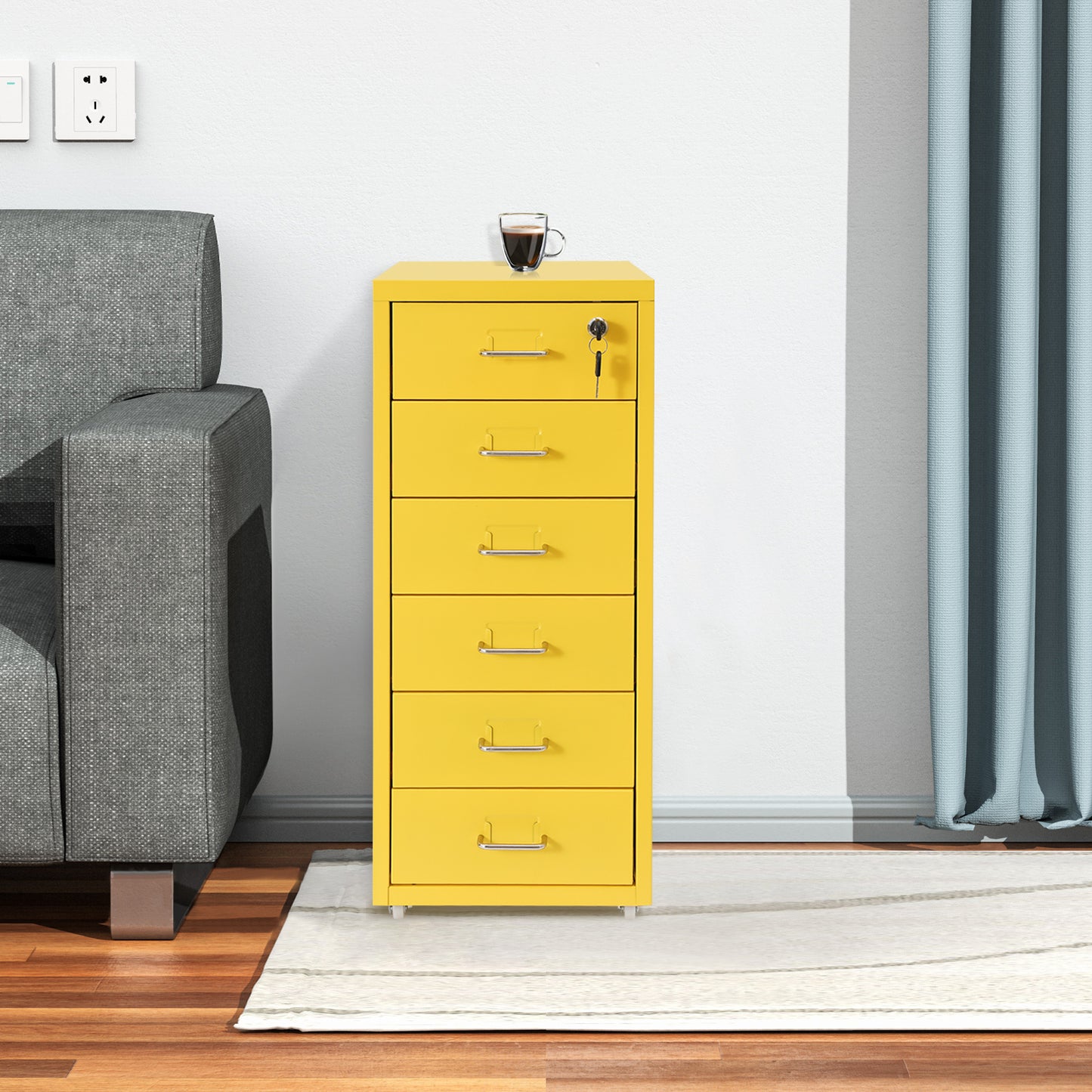 Ladekast Kantoor – Ladeblok Bureau – Opbergkast Schuifladen – Archiefkast Metal – 6 Lades Met Slot – Compact 28x41x69 cm – Koudgewalst Staal Met Wielen