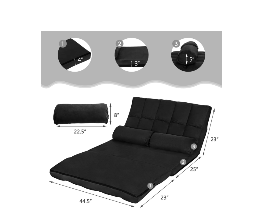 Verstelbare Vloerbank – Sleeper Bed – Klapbank – Loungestoel – Gaming Sofa – 5-Standen Rugleuning – Zachte Suède Bekleding – Inclusief 2 Kussens – Zwart