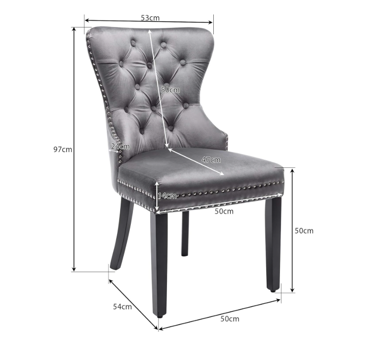 Eetkamerstoelen – Stoel – Keukenstoel – Dining Chair – Zitmeubel – Vintage Grijs Gestoffeerd – Knopenrug & Spijkerbeslag – Veerkrachtige Donsvulling & Stevige Metalen Poten
