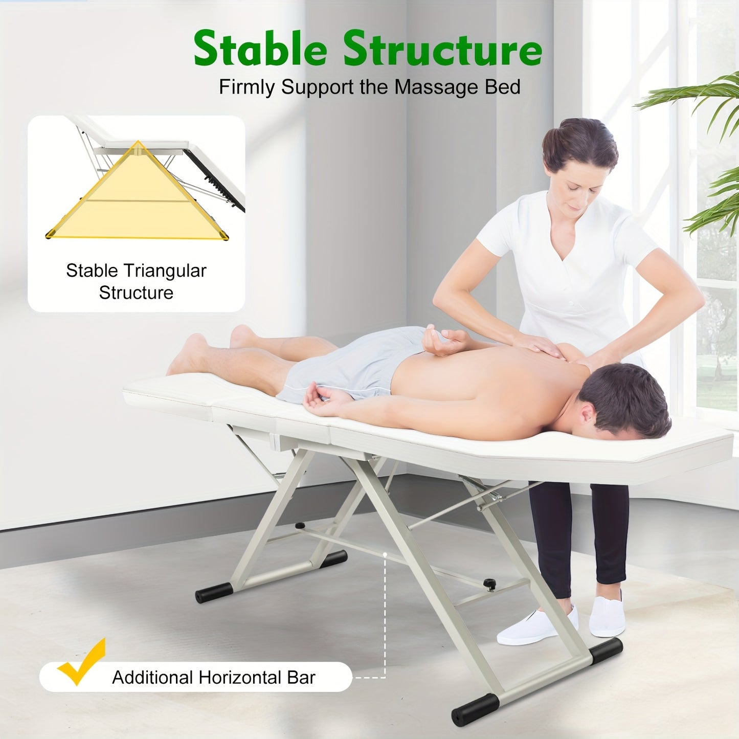 Massagetafel – Behandeltafel – Behandelbank – Schoonheidstafel – Massagebed – Verstelbaar in Hoogte – Roestvrij Staal – 3-voudig Inklapbaar – Wit