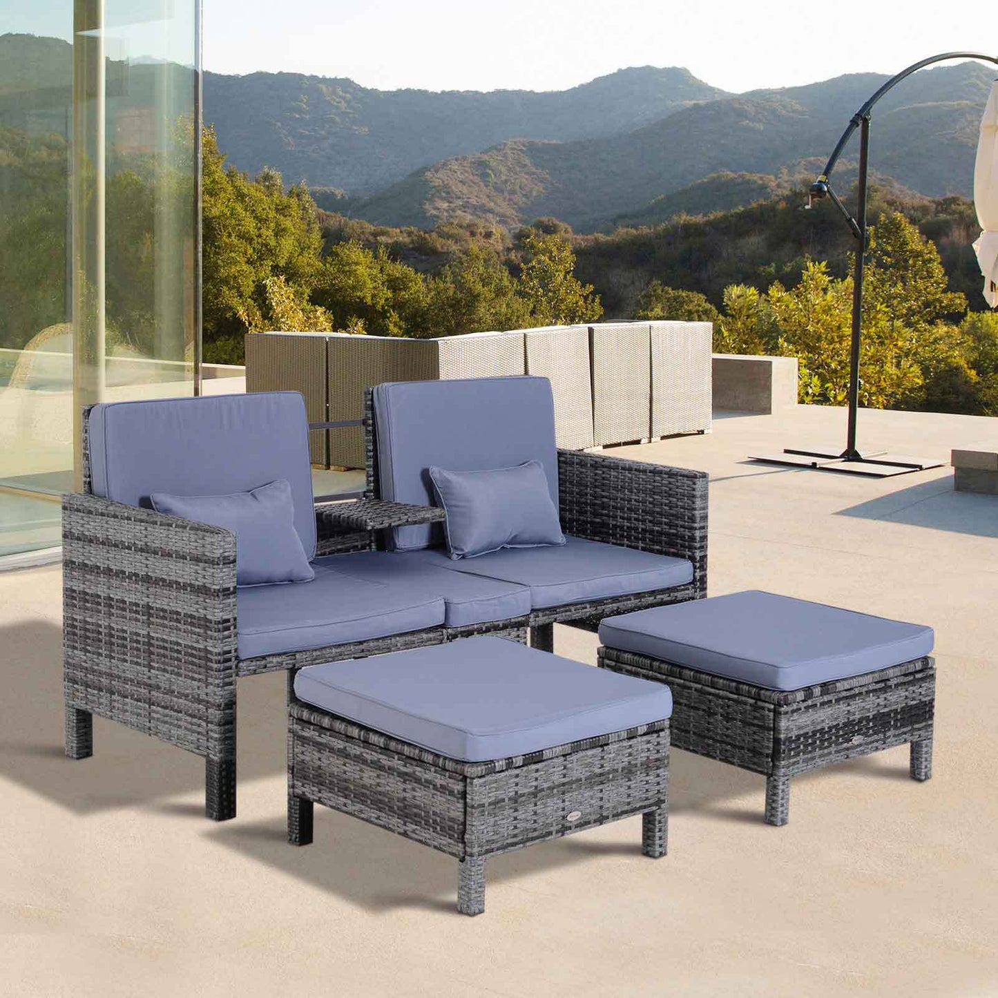 3-delige Loungeset – Tuinmeubelset – Tuinbank – Loungesofa – Rattan Set – Grijs – Verstelbare Rugleuning – Weerbestendig Poly Rattan Met Metalen Frame