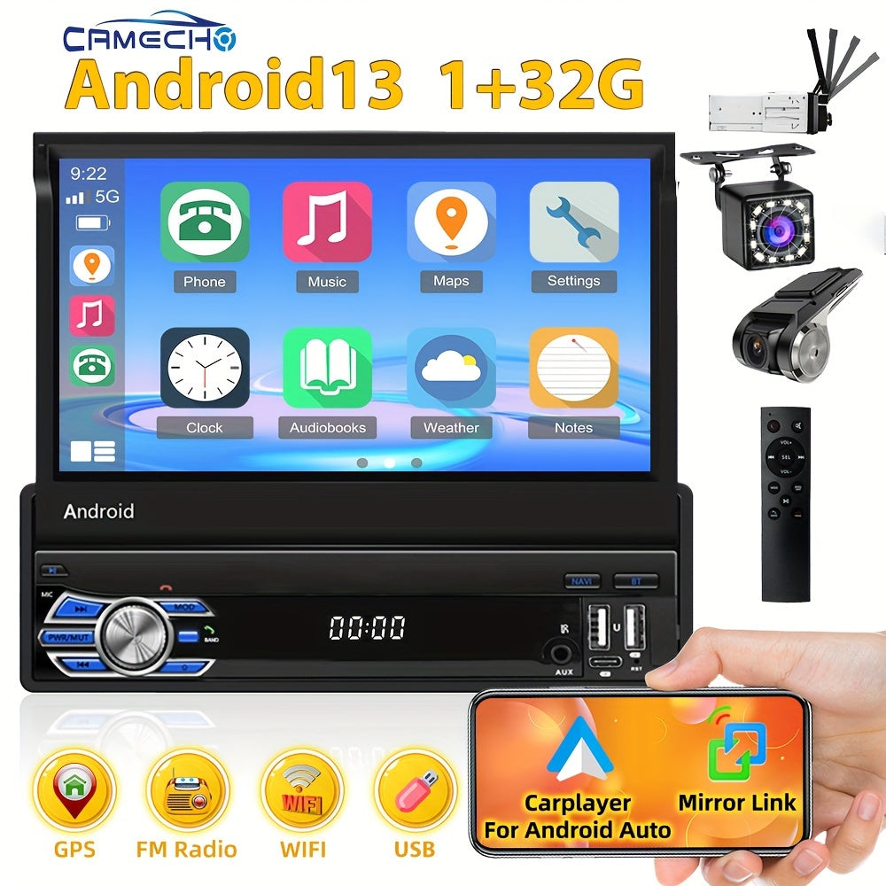 CAMECHO 1+32G Android Auto & Android 7.1 Car Stereo - 17.78cm Retractable Touchscreen Single DIN GPS/Wifi/Wireless, Wireless FM RDS Radio, Mirror Link, Steering Wheel Control, External Storage for Smartphones/Tablets (CarPlay