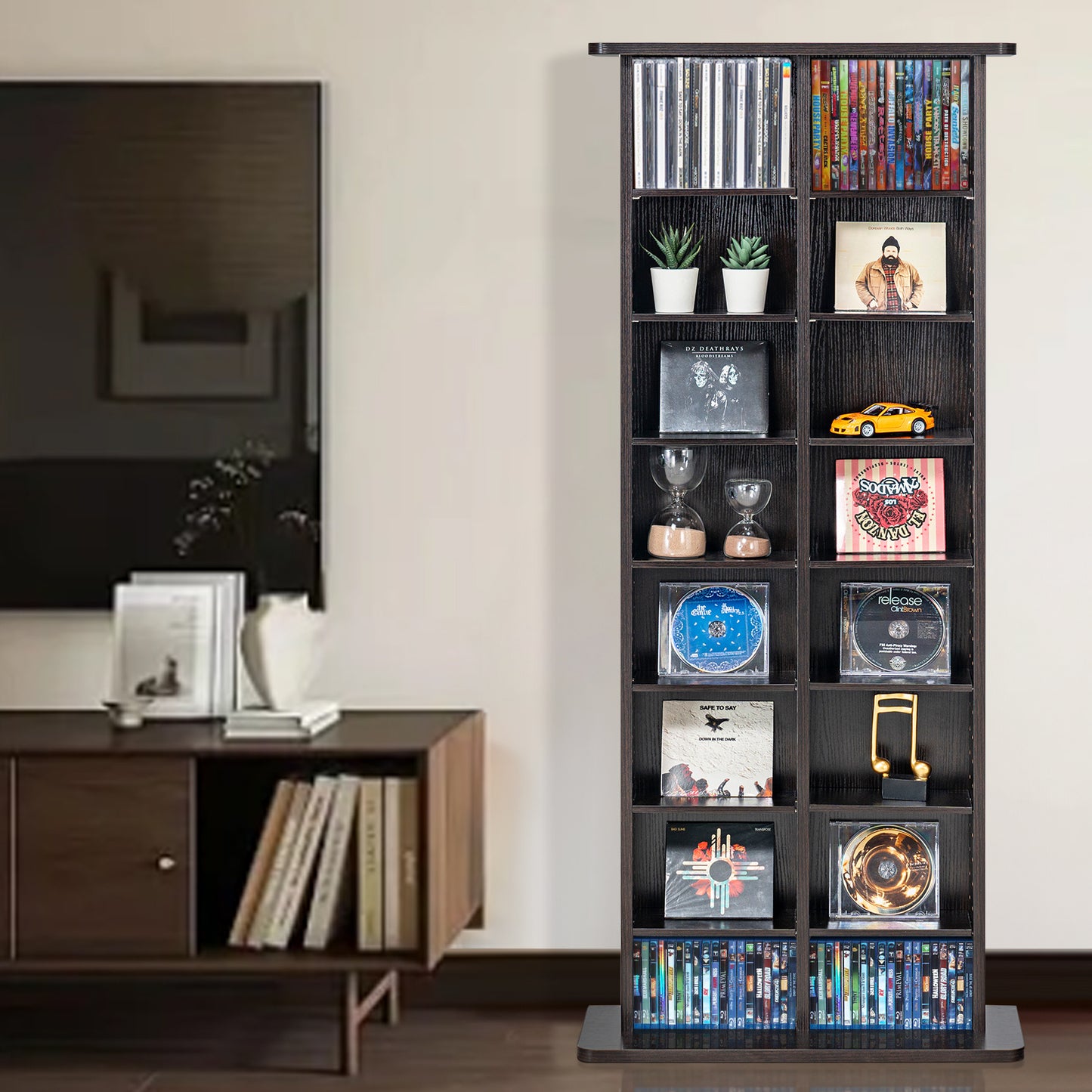Dvd Kast – Cd Kast – Mediakast – Opbergkast – Boekenkast – 8 Verstelbare Planken – Ruimte voor 464 cd’s – Donker Koffiekleur – Stevig Houtvezelplaat