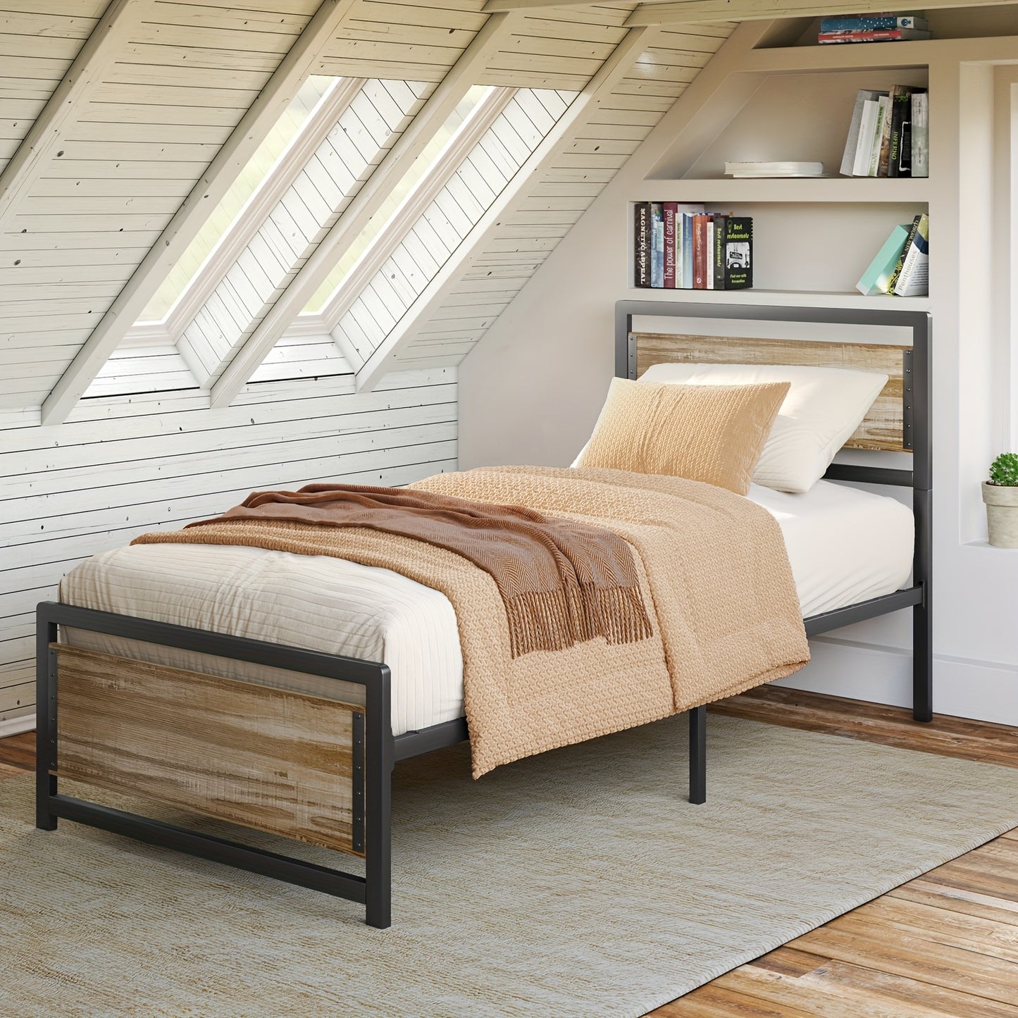 Bedframe – Platformbed – Eenpersoonsbed – Tweepersoonsbed – Industrieel Bed – Retro Bruin – 120x200 cm – Metaal & Hout – 35 cm Opbergruimte Onder Bed