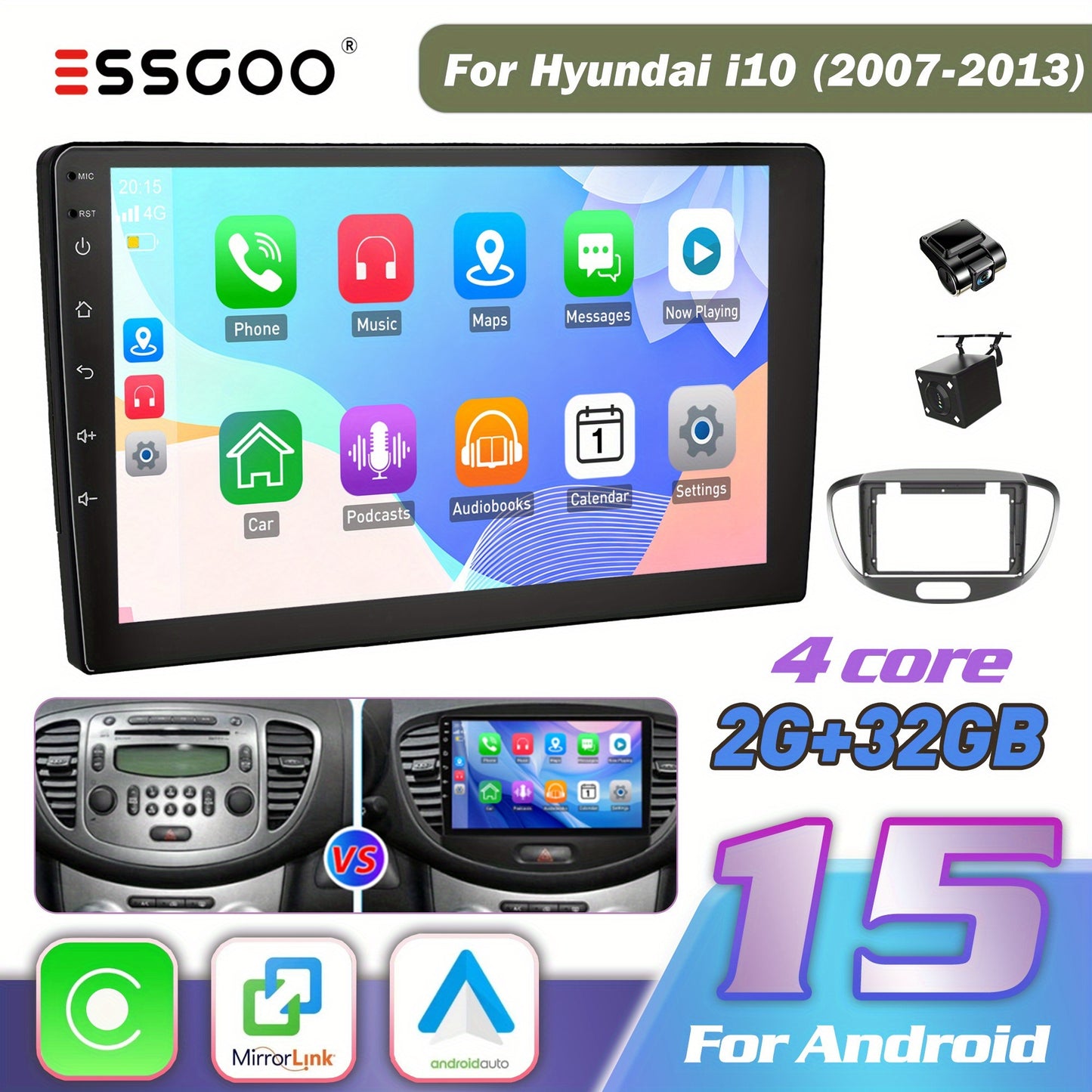 9-inch Android 15 autoradio – 2DIN touchscreen car stereo – multimedia player – auto radio – head unit – Met AHD achteruitrijcamera & dashcam – IPS display 1280x720 – Draadloze CarPlay & Android Auto