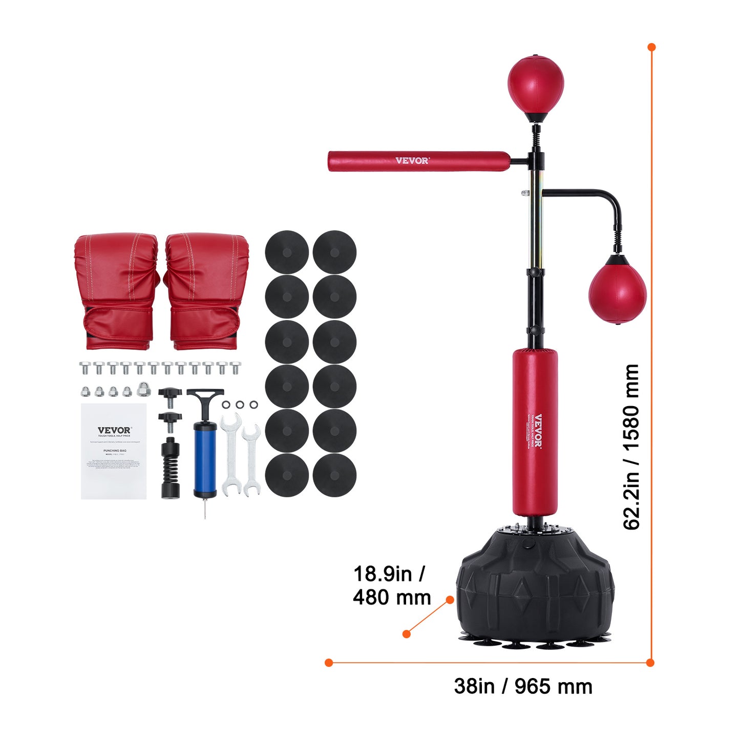 Bokszak – Stootzak – Boksbal – Punching Bag – Bokstrainer – Verstelbare Hoogte – Snelle Terugslag – Stevige Zuignapvoet – Inclusief Bokshandschoenen – Rood