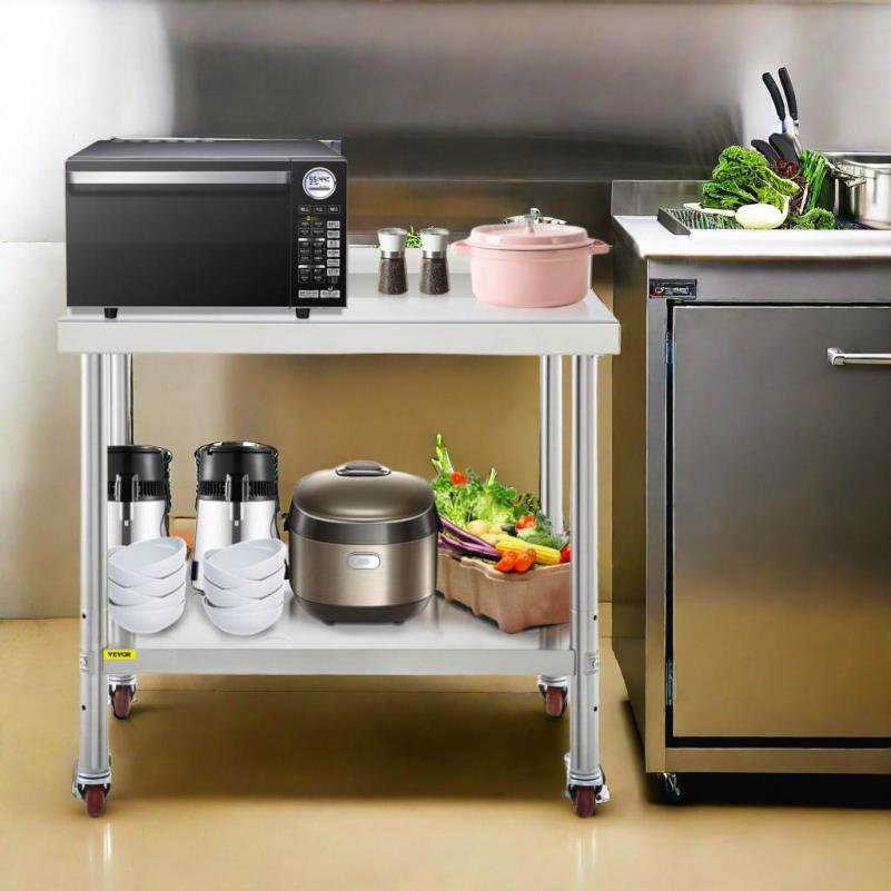 RVS Werkbank – Roestvrijstalen Werktafel – Keukenwerkbank – Professionele Werkbank – Mobiele Werkbank – 199,58 kg Draagvermogen – Verstelbare Onderplank & Backsplash