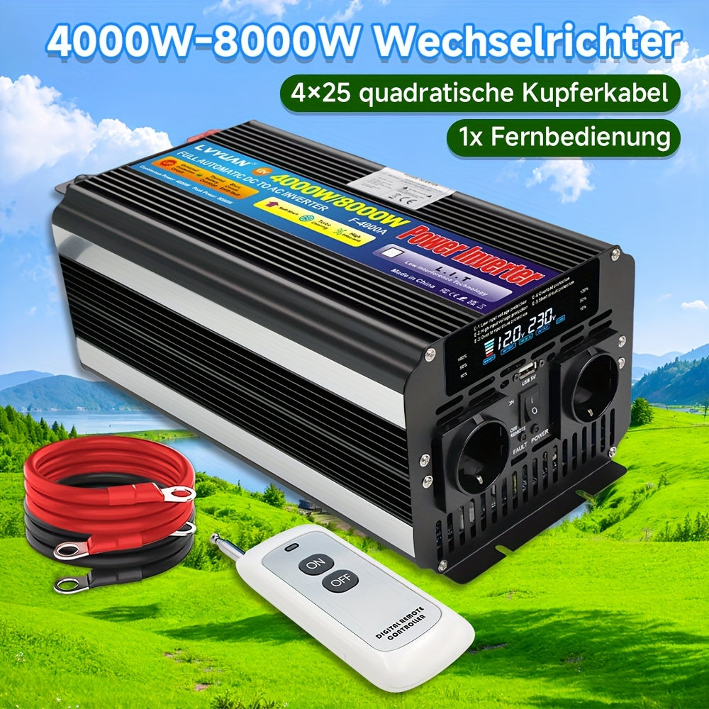 12V Naar 220V Spanningsomvormer – Stroomomzetter – Inverter – Accu Omvormer – Mobiele Converter – 4000W Continu Vermogen – Draadloze Afstandsbediening Met LCD-Display