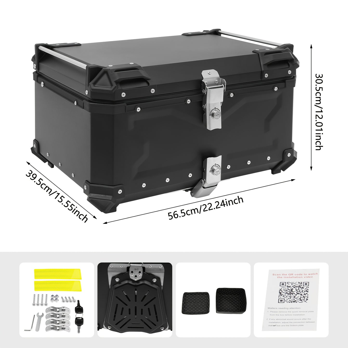 Motorbox – Motorkoffer – Topkoffer – Bagagekoffer – Motoruitrusting – 65 Liter Inhoud – Stevig Aluminium & Carbonstaal – Veilig Slot & Schokdempende Voering – Zwart