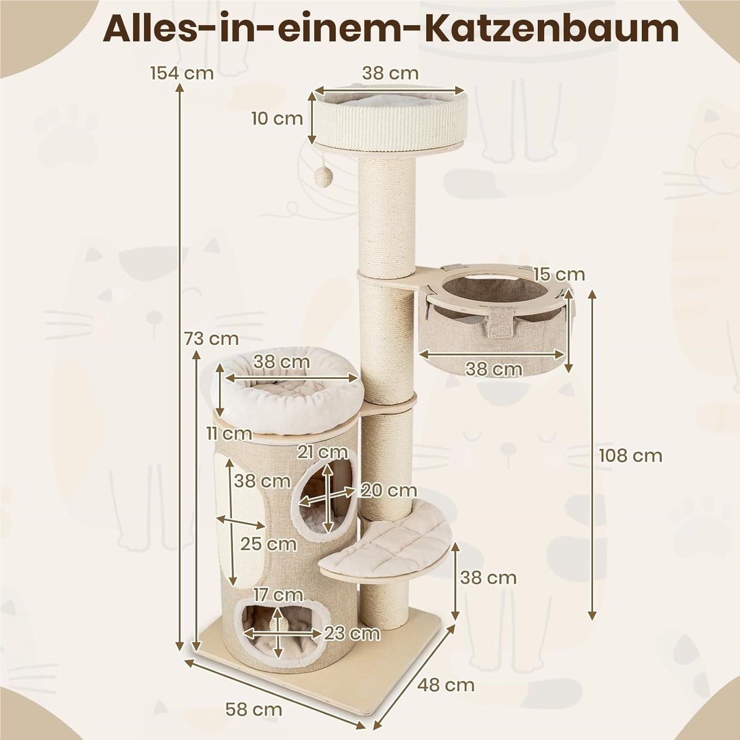 Kattentoren – Kattenboom – Krabpaal – Katmeubel – Klimboom – 154 cm Hoog – Natuurlijke Materialen Bamboe & Sisal