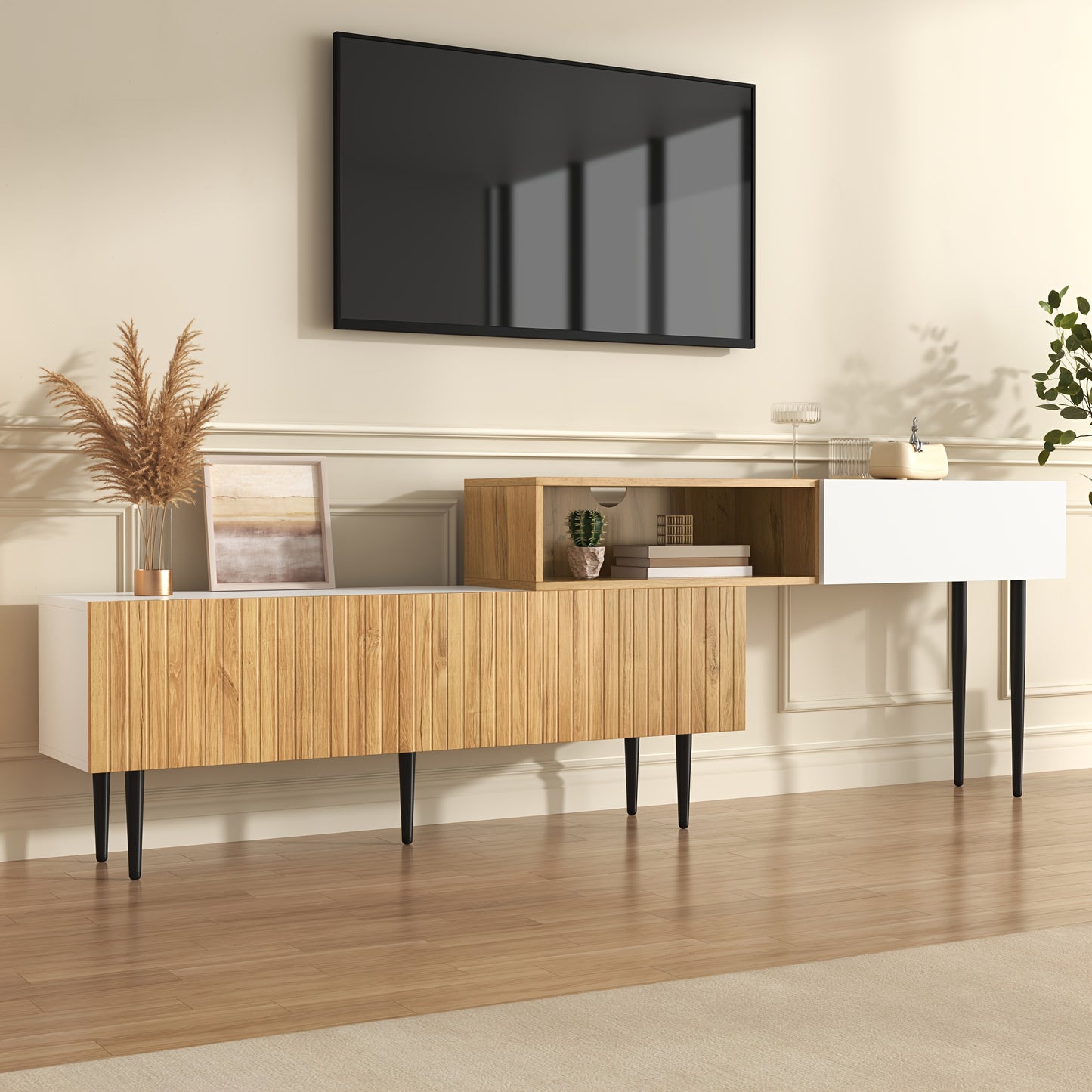 Tv-meubel – TV-kast – TV-dressoir – TV-meubels – TV-kasten – Modulair Twee-delig Ontwerp – Verstelbare Lengte – Zwarte Metalen Poten