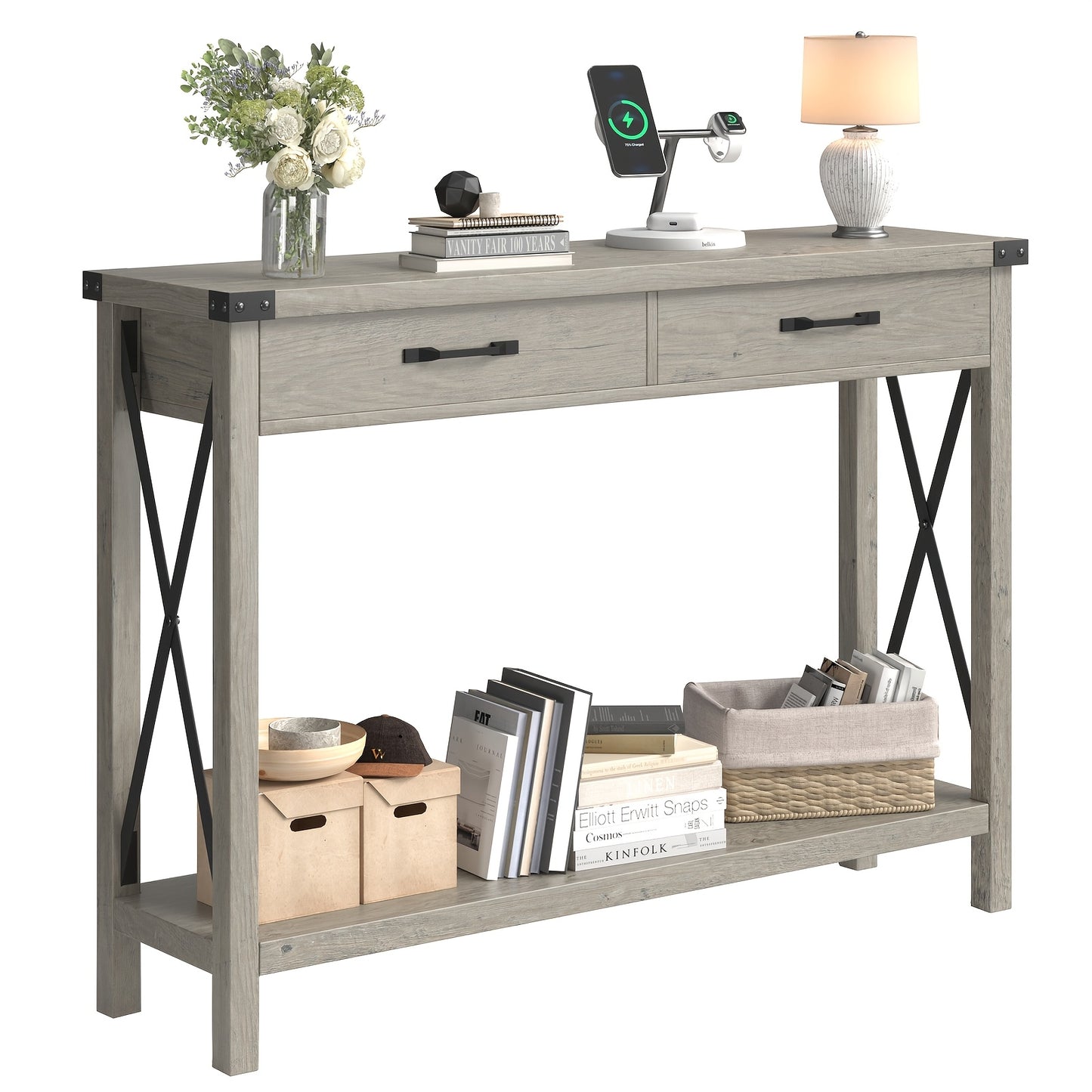 Farmhouse Sidetable – Wandtafel – Halmeubel – Sofa Tafel – Console Tafel – 2 Lades – Stevig MDF & Metalen Frame – Compact & Ruimtebesparend – Grijs