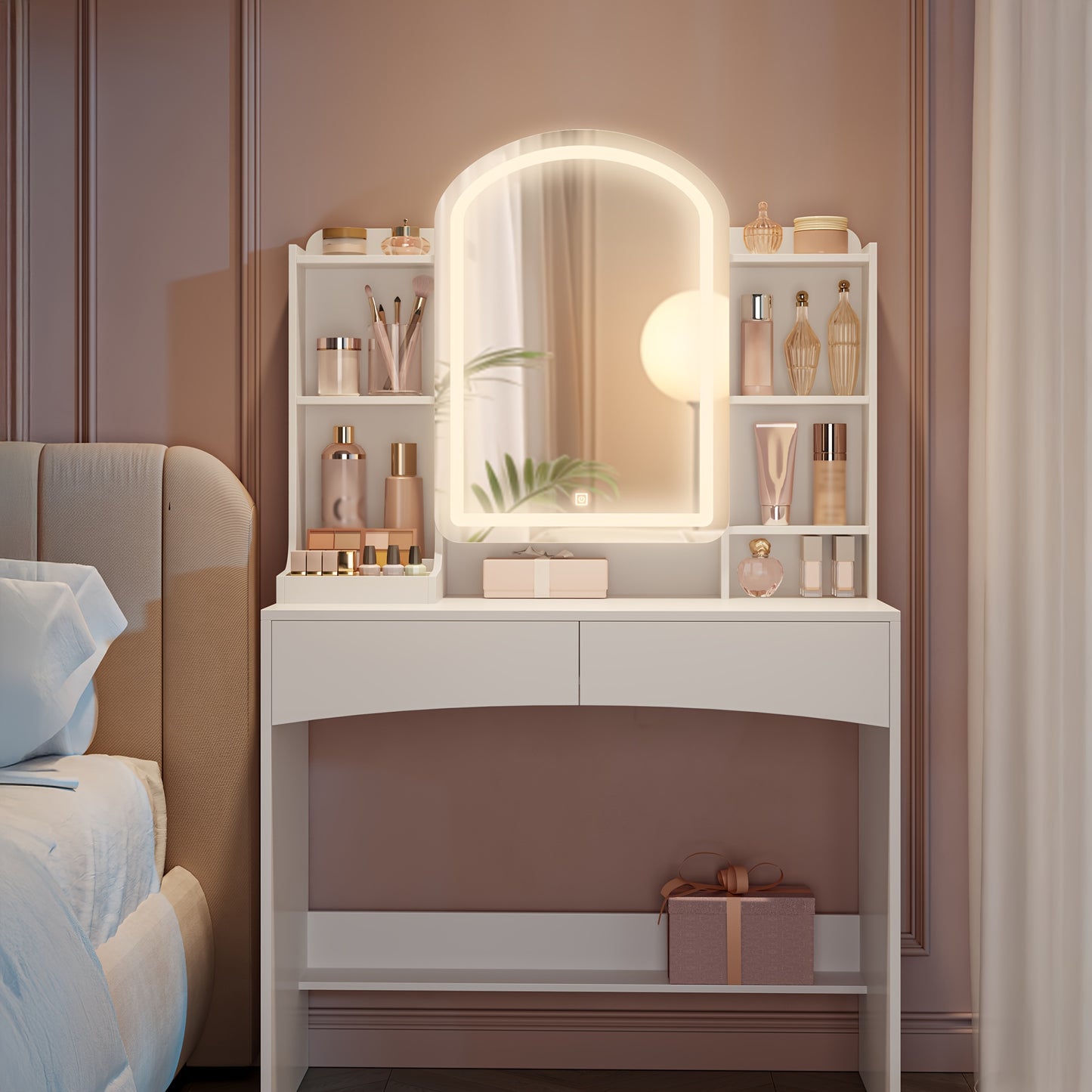 Kaptafel – Make-up tafel – Schminktafel – Vanity Desk – Beauty tafel – Wit – 90 cm breed – LED verlichting met 3 kleurstanden