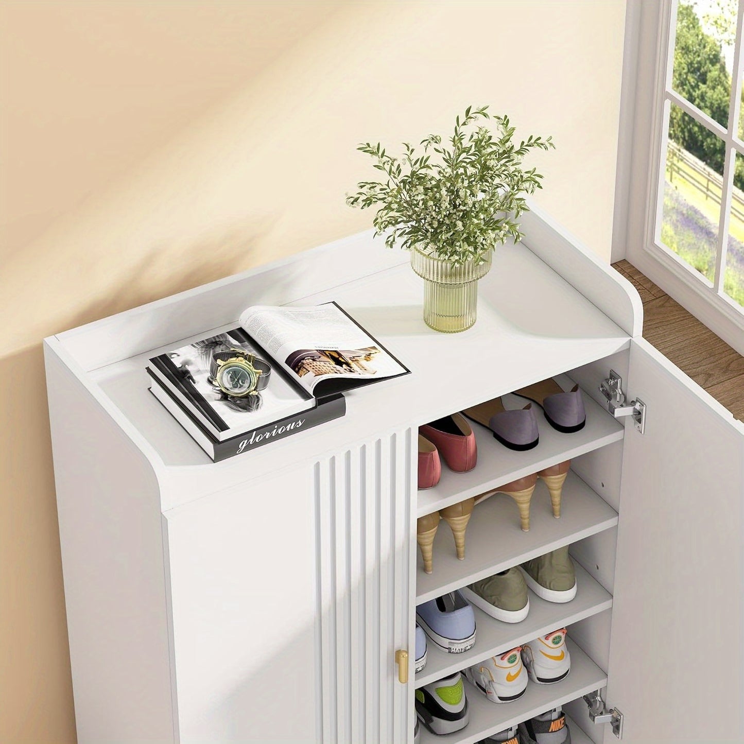 Schoenenkast – Schoenenrek – Schoenenopberger – Halkast – Schoenenbank – Wit – Verstelbare 6 Planken – Ruimtebesparend Verticaal Design