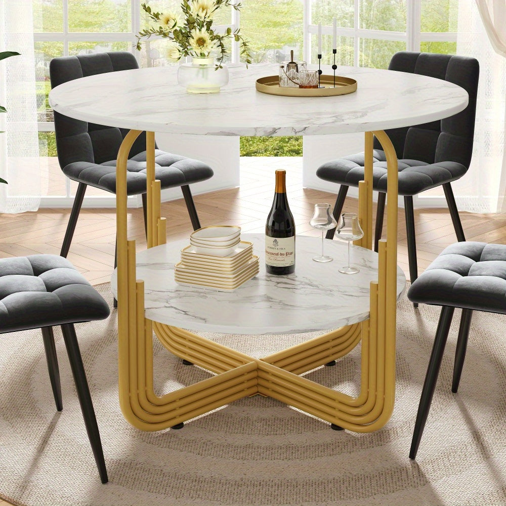 Eettafel – Ronde Tafel – Dinertafel – Keukentafel – Bistrotafel – Wit Marmerlook Blad – Goudkleurig Metalen Frame – Ø 80 x 76 cm – Inclusief Opbergplateau