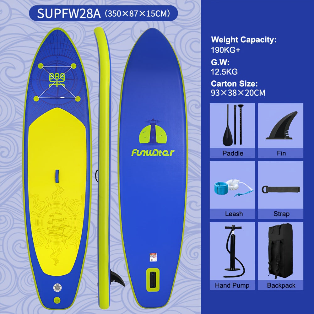 Supboard – Paddleboard – Stand Up Paddle – SUP Plank – Inflatable SUP – Extra Groot 350x87x15 cm – Draagkracht 190+ kg – Complete Set Met Pomp – Duurzaam PVC – Blauw Geel