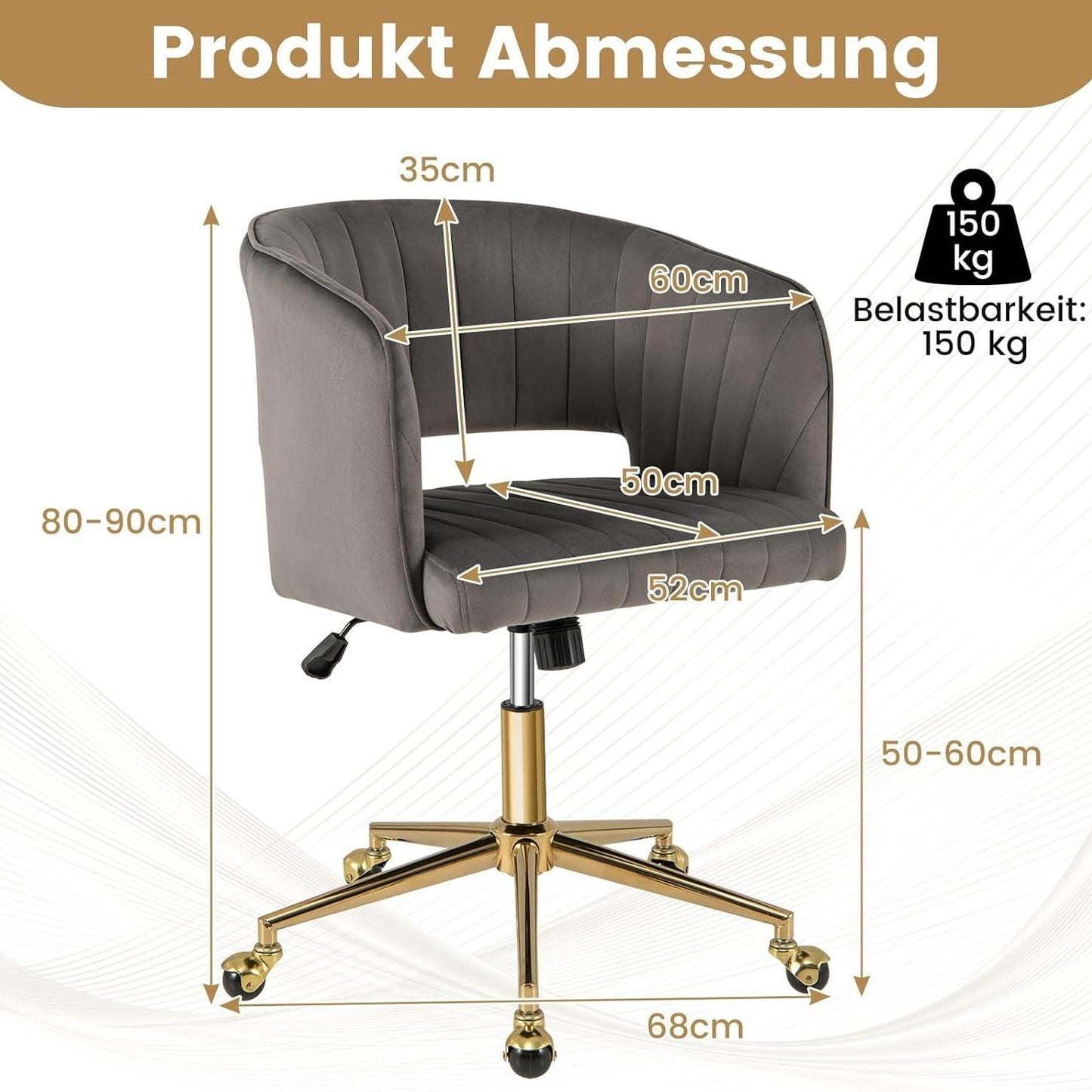 Make-up Stoel – Kaptafel Kruk – Draaistoel – Bureaustoel – Visagie Kruk – Fluwelen Bekleding – Verstelbare Zithoogte – 360° Draaibaar Met Wieltjes