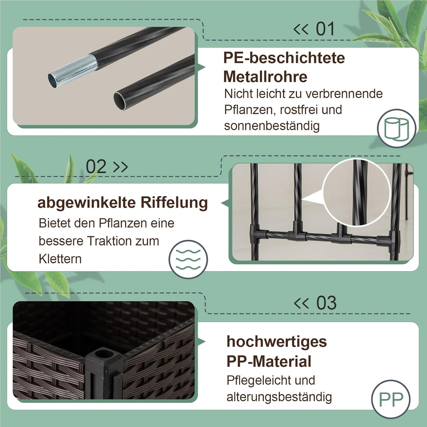 Tuinboog 2-in-1 – Rozenboog – Klimrek – Klimplantboog – Archeon – Met Bloembakken Op Wielen – Met Drainagegaten – 288 cm Hoog – Zwart Metaal en PP