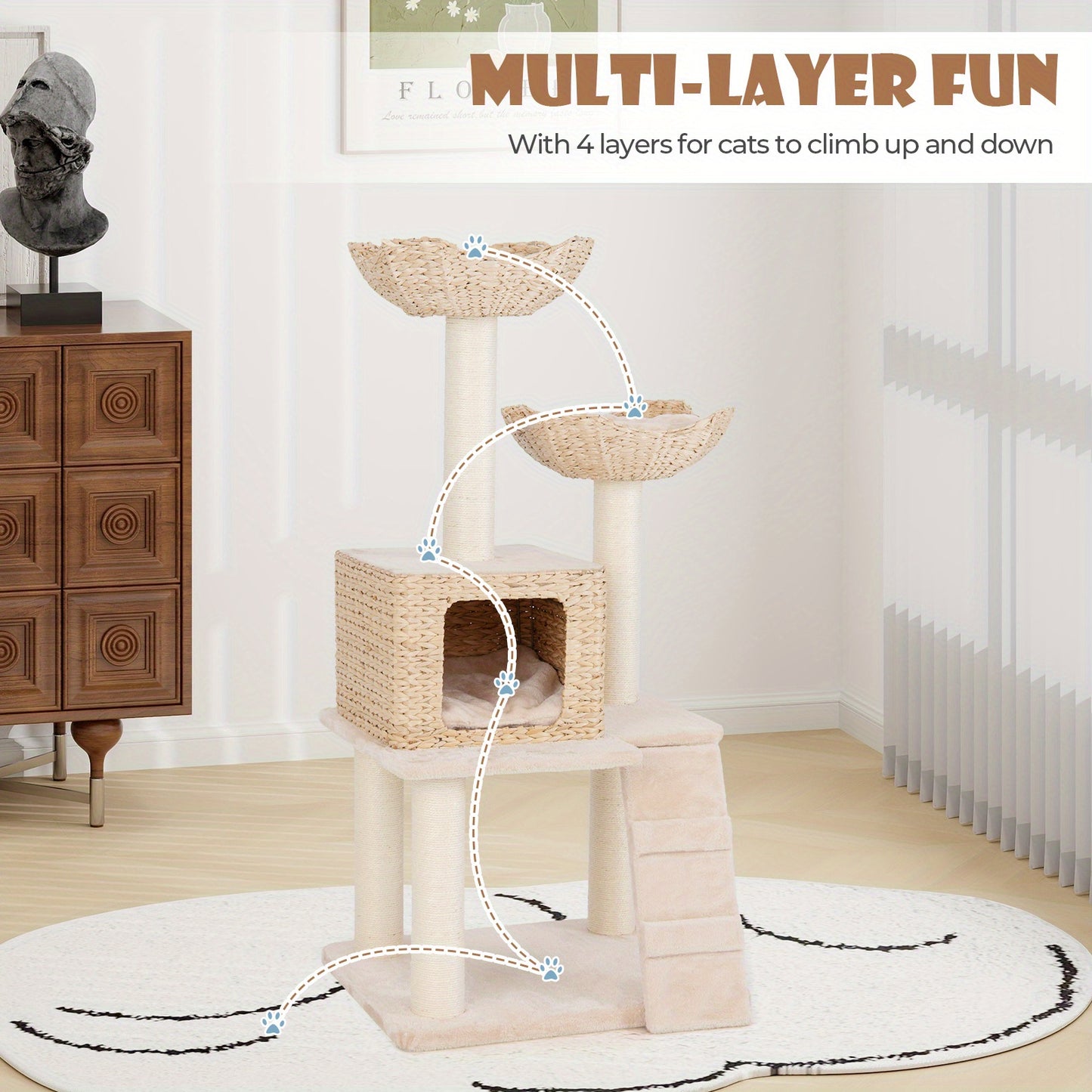 Kattenboom – Krabpaal – Klimpaal – Kattenmeubel – Katzenhuis – Natuurlijk Sisaltouw – Handgevlochten Cat-Tail – Wasbare Kussens – 60x48x122 cm – Stevige Constructie