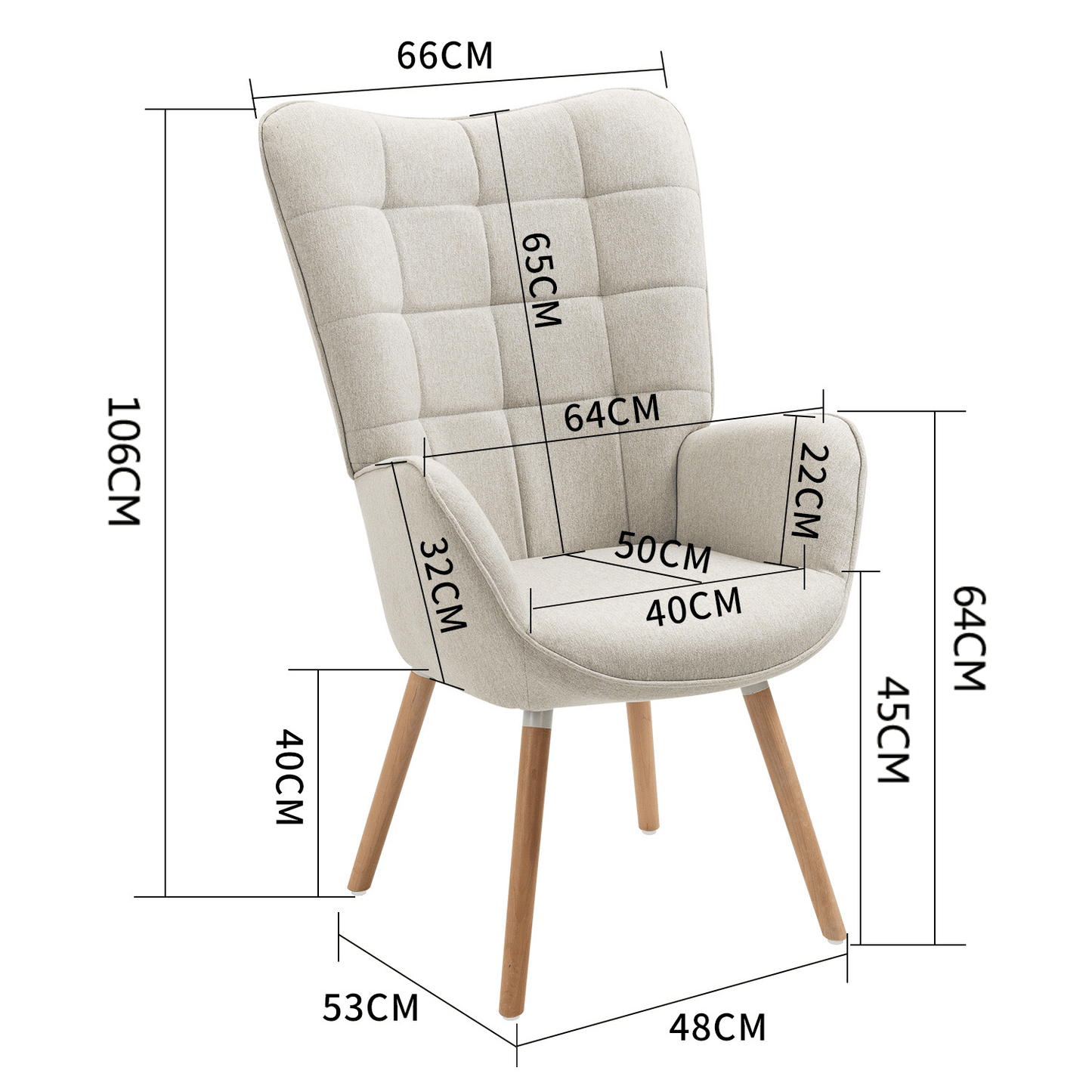 Fauteuil – Scandinavische Stoel – Relaxzetel – Armstoel – Leesstoel – Beige – Met Houten Poten – Hoog Zitcomfort – Breed Met Vleugelrugleuning