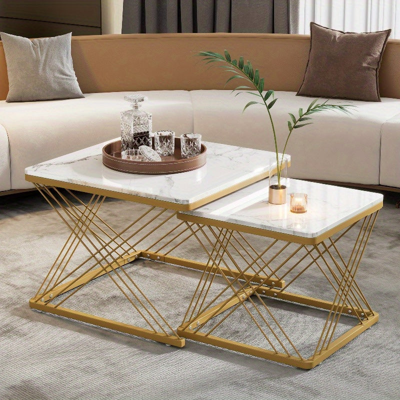 Koffietafel Set – Salontafel – Bijzettafel – Woonkamertafel – Moderne Tafel – Hoogglans Marmer Design – Verstelbare Pootjes 60x60x45cm & 45x45x40cm