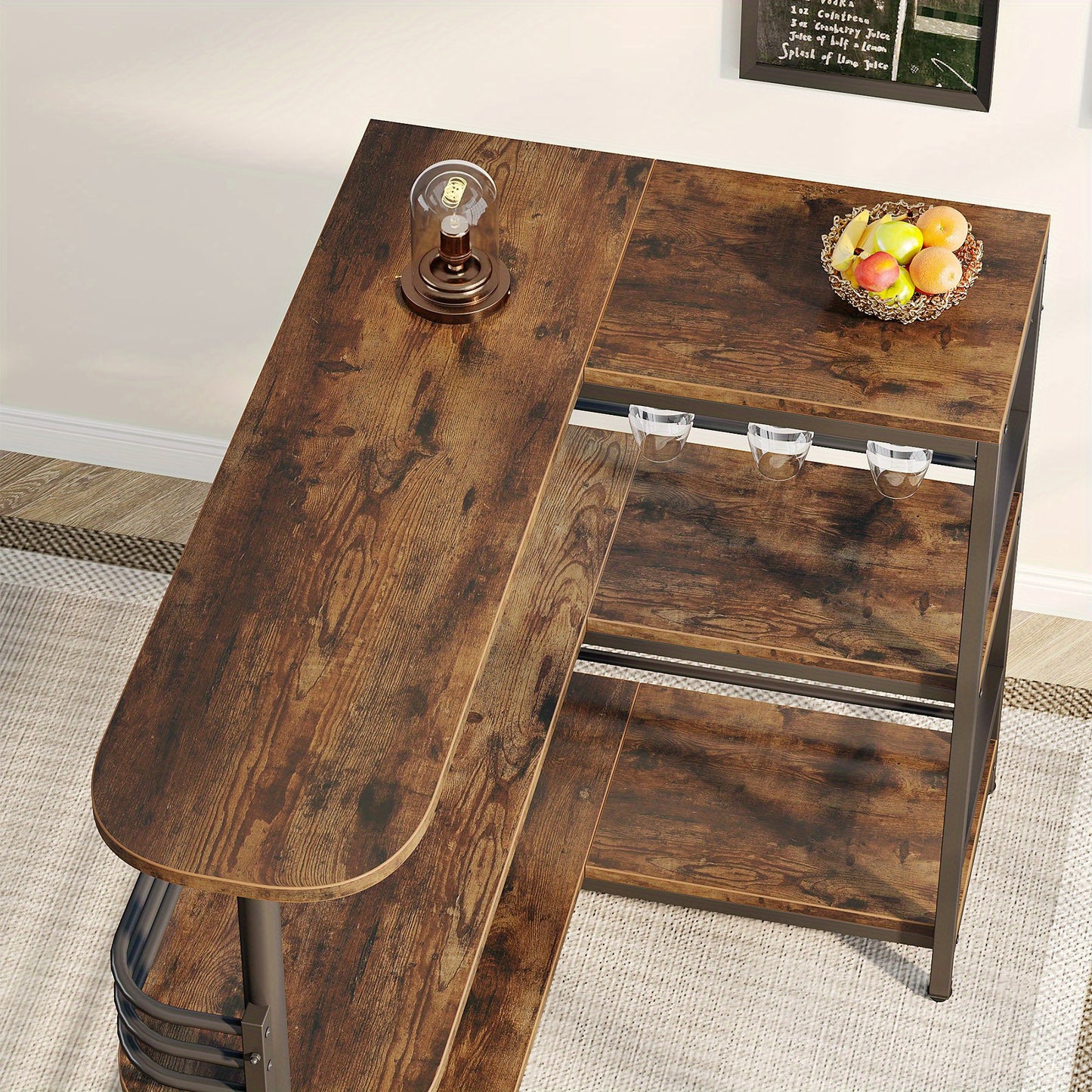 L-Vormige Hoekbar Tafel – Barmeubel – Mini Bar – Bar Cabinet – Home Bar – Drie Laags Met Wijnrek – Rustiek Bruin Hout – Compacte Opbergruimte